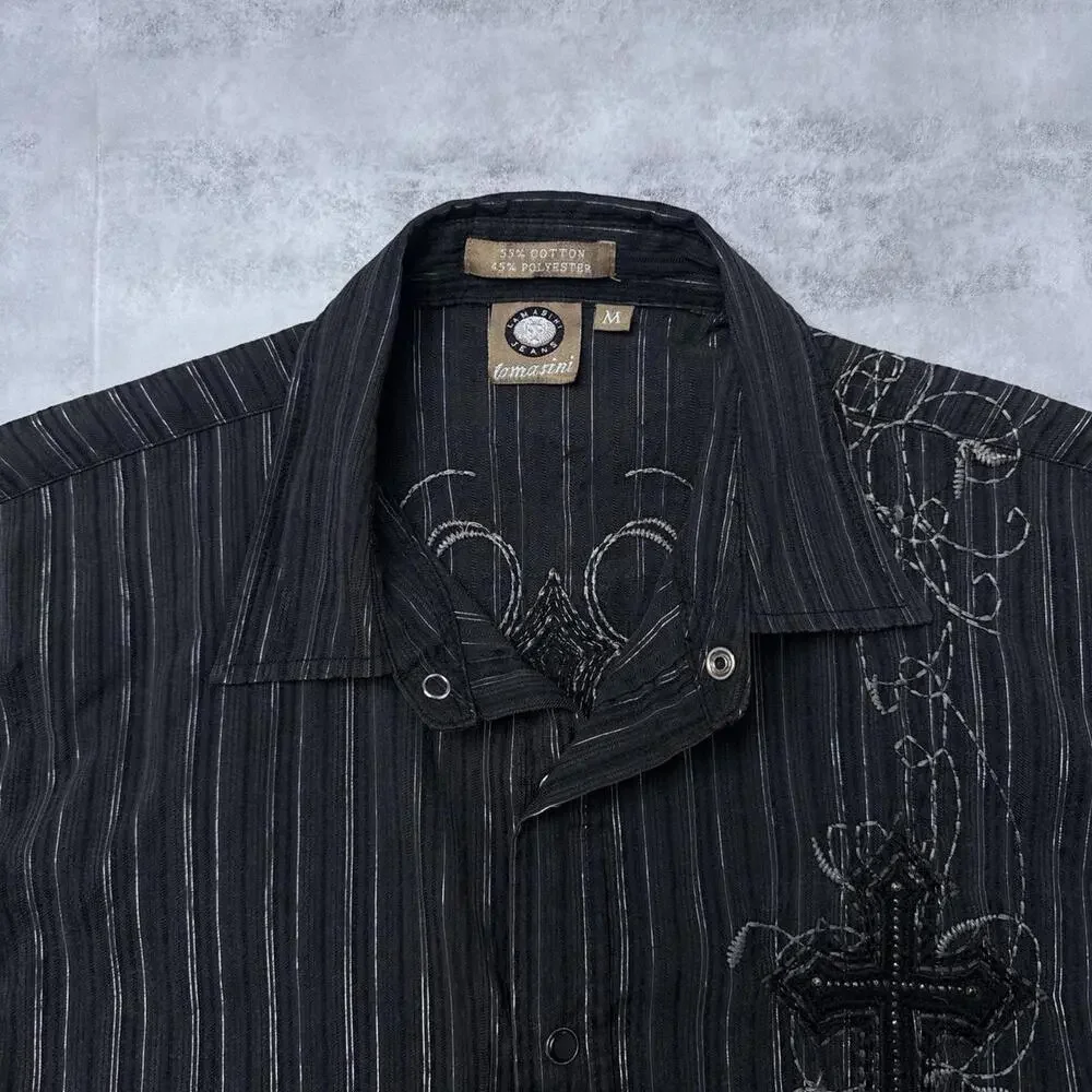 Y2K Lamasini Cross Embroidered 00s Button Up Shirt - Picture 3 of 7